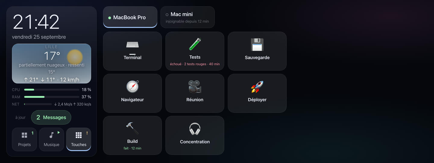 La page Touches de Marquee, dans la démo : les touches du MacBook Pro (Terminal, Tests, Build, Déployer…), et le Mac mini, injoignable depuis 12 minutes.
