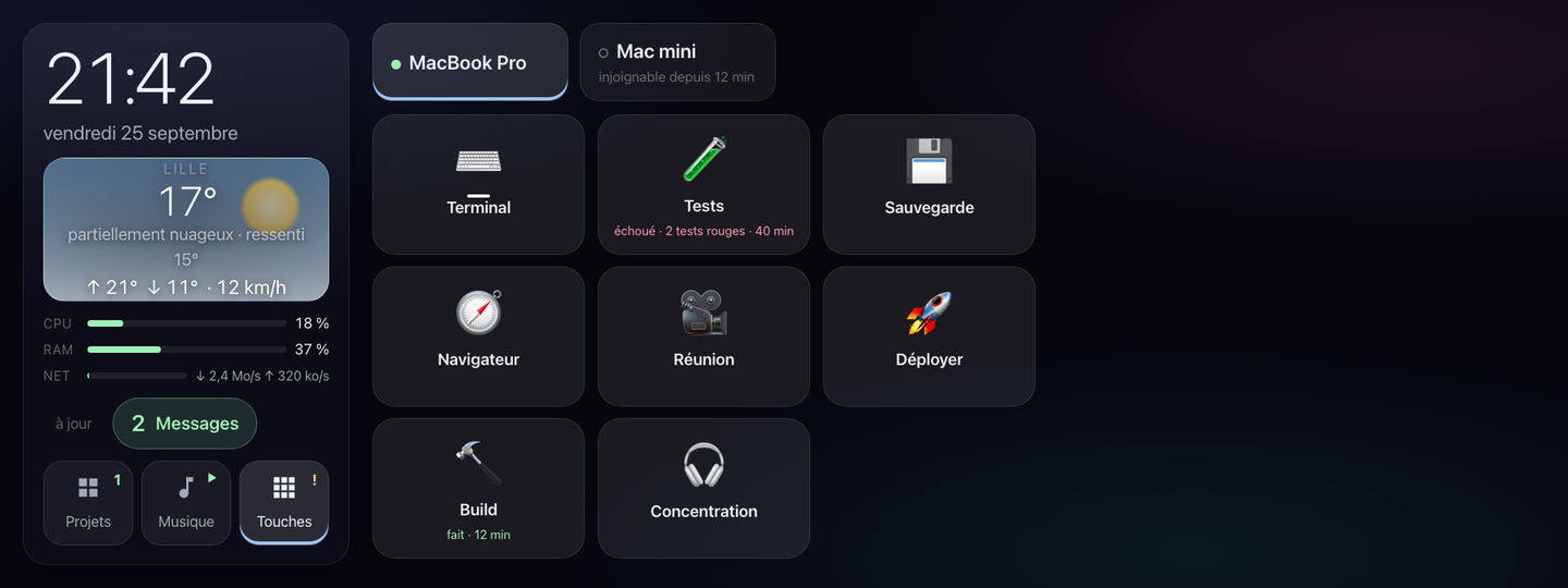 La page Touches : les pastilles MacBook Pro et Mac mini (injoignable depuis 12 min), puis les touches du MacBook Pro — Terminal (application ouverte, trait sous l'icône), Tests (2 tests rouges), Sauvegarde, Navigateur, Réunion, Déployer, Build (fait · 12 min), Concentration.